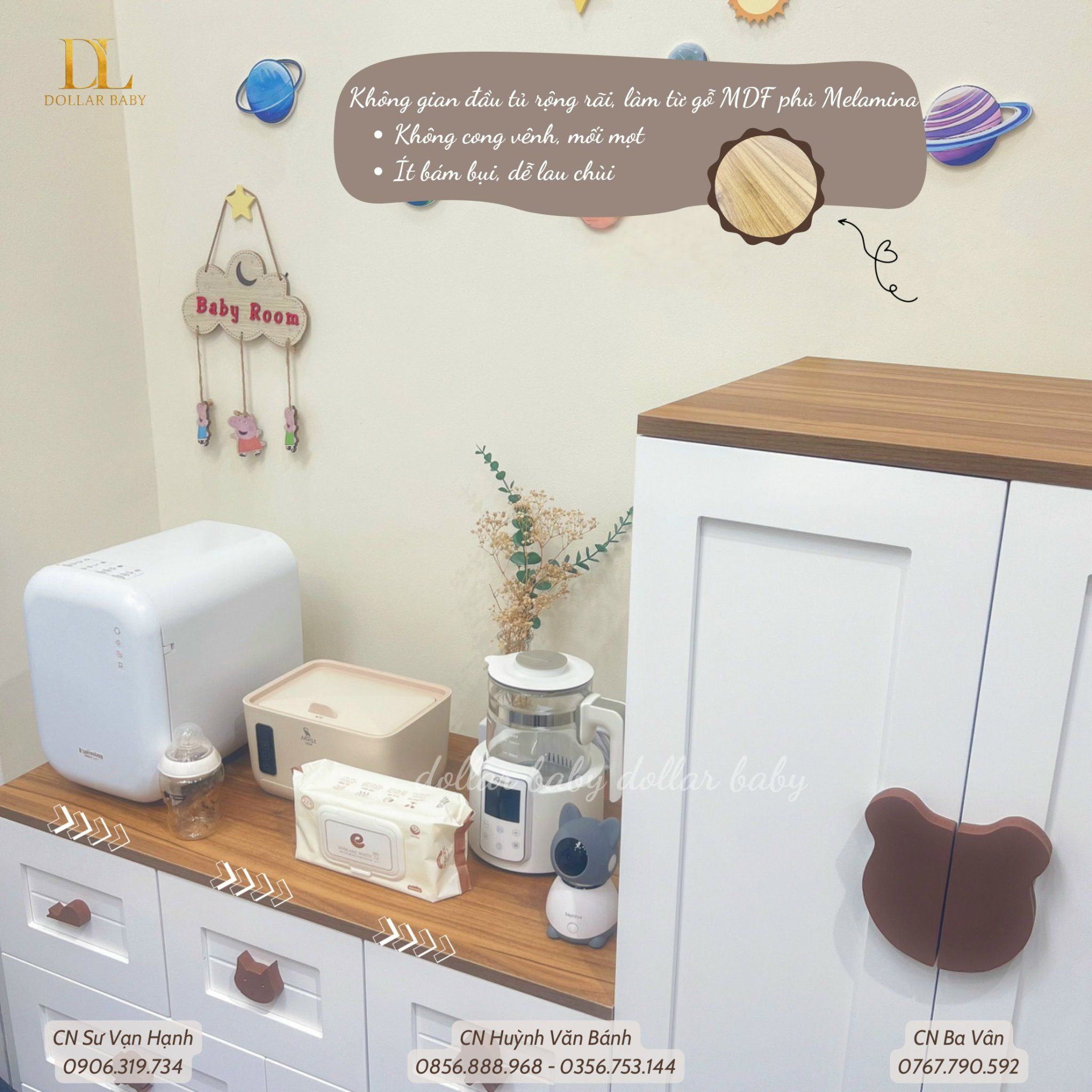  Bộ Tủ Gỗ Trắng Gấu Nâu / Vân  Gỗ  - Tay Cầm Hình Thú 