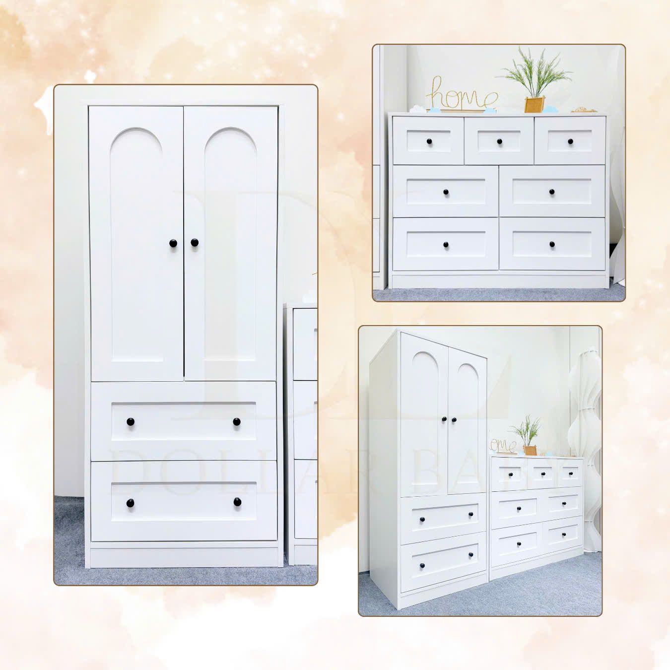  Bộ Tủ Gỗ Trắng Núm Tròn Đen Không Chân ( Tủ đứng 2 hộc ) 