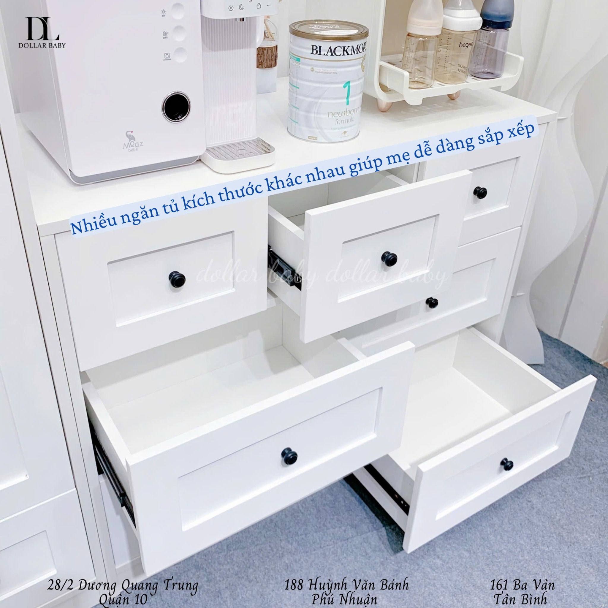  Bộ Tủ Gỗ Trắng Núm Tròn Đen Không Chân ( Tủ đứng 1 hộc ) 