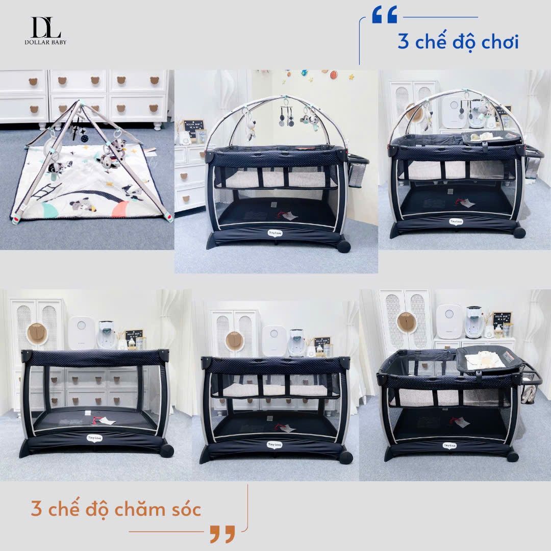  Giường cũi 6 in 1 Tiny Love Here I  Grow Activity Play Yard - Đen Ghi 
