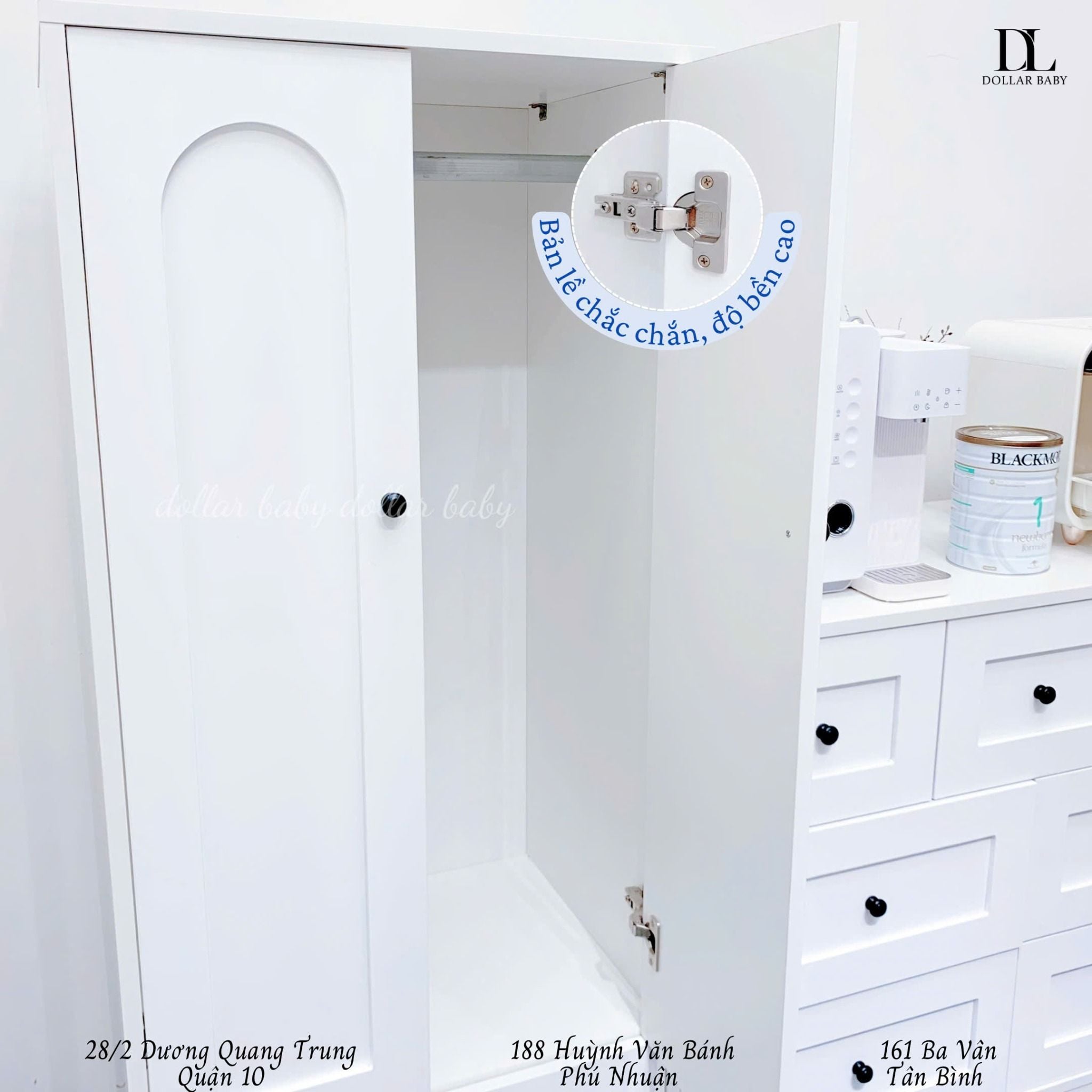  Bộ Tủ Gỗ Trắng Núm Tròn Đen Không Chân ( Tủ đứng 1 hộc ) 