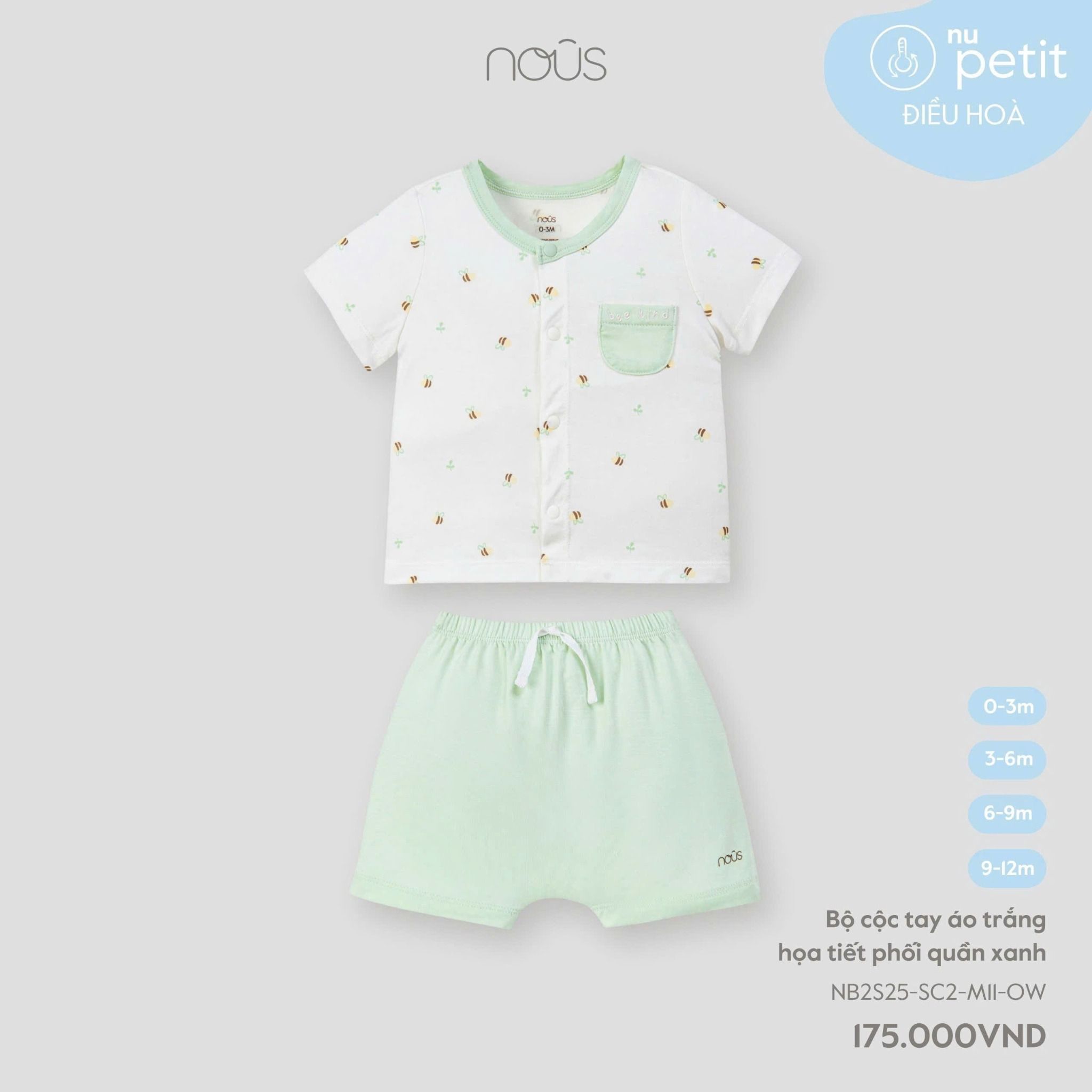  NOUS - Bộ cộc tay áo trắng hoạ tiết phối quần xanh 