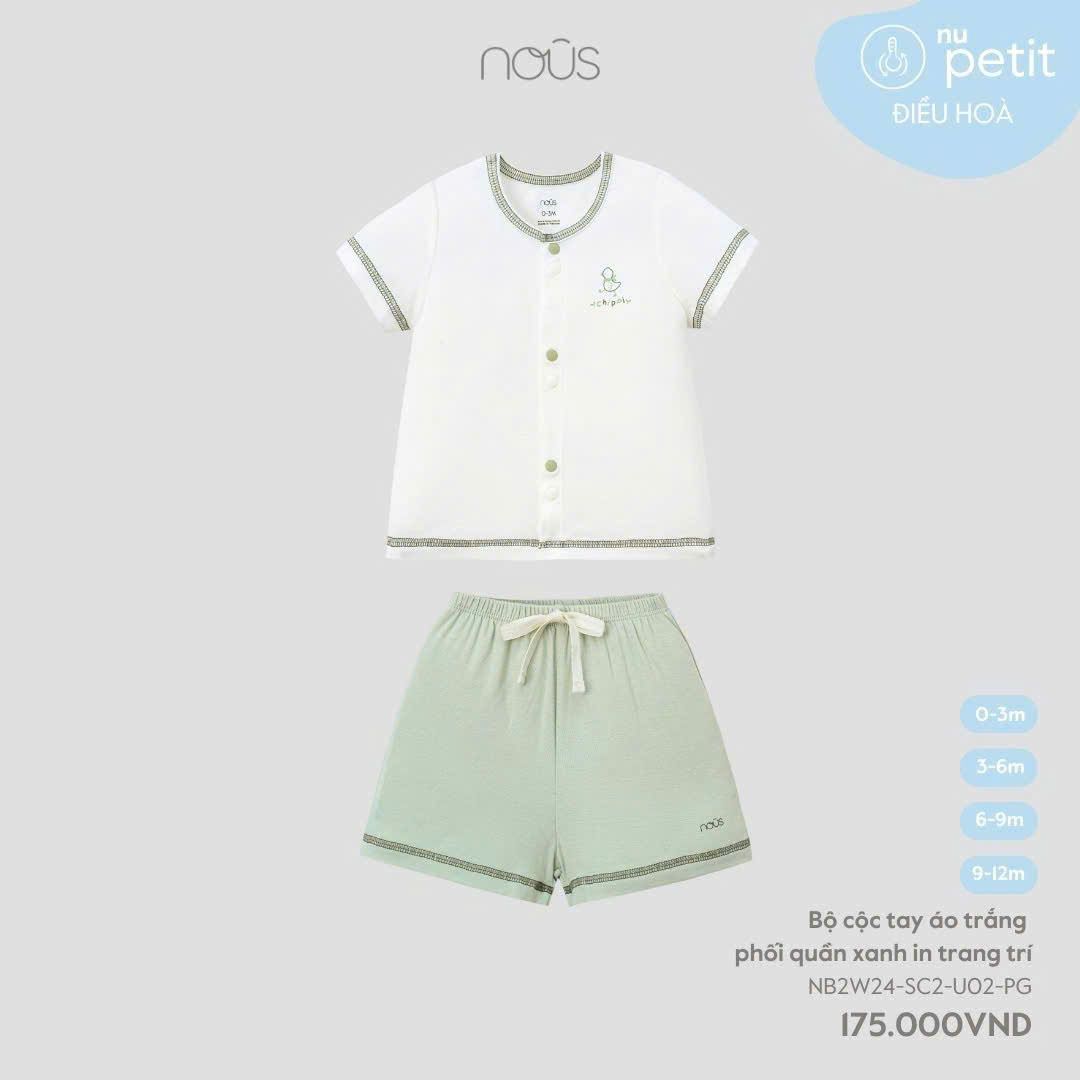  NOUS - Bộ cộc tay áo trắng phối quần xanh in trang trí 