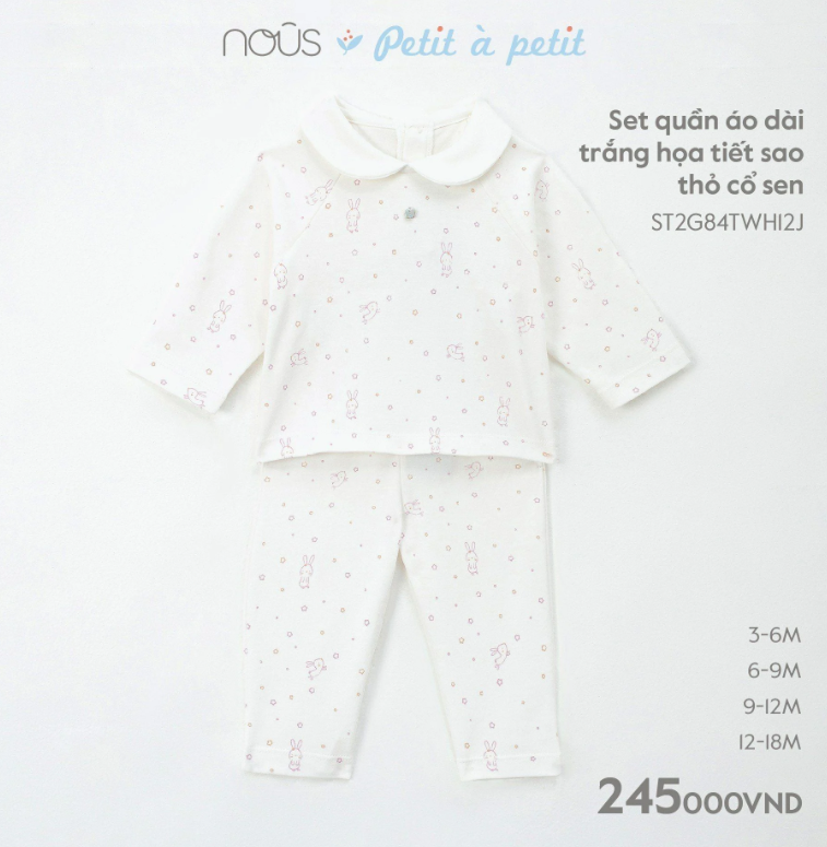  NOUS  - Set Quần Áo Dài Trắng Hoạ Tiết Sao Thỏ Cổ Sen 