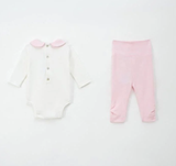  NOUS  - Set BodySuit Dài Trắng Phối Hồng Nhạt 