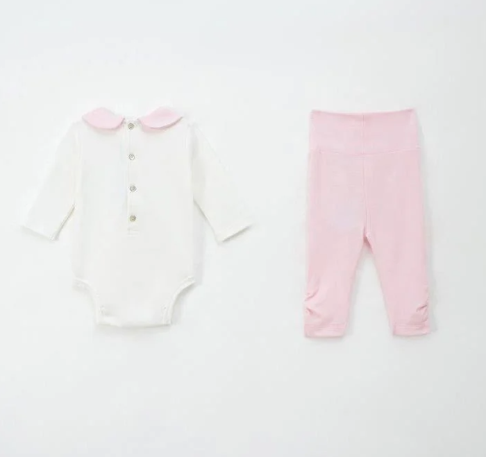  NOUS  - Set BodySuit Dài Trắng Phối Hồng Nhạt 