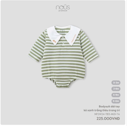  NOUS - Bodysuit Dài Tay Kẻ Xanh Trắng Thêu Trang Trí 