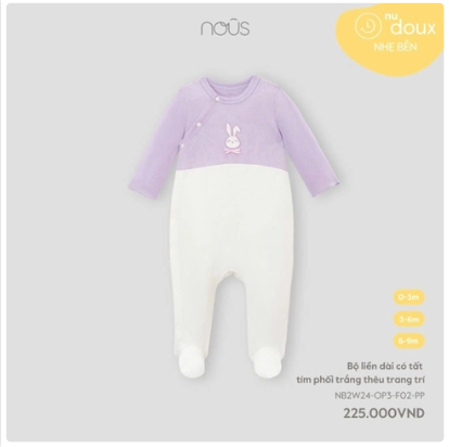  NOUS - Bộ Liền Dài Có Tất Tím Phối Trắng Thêu Trang trí 