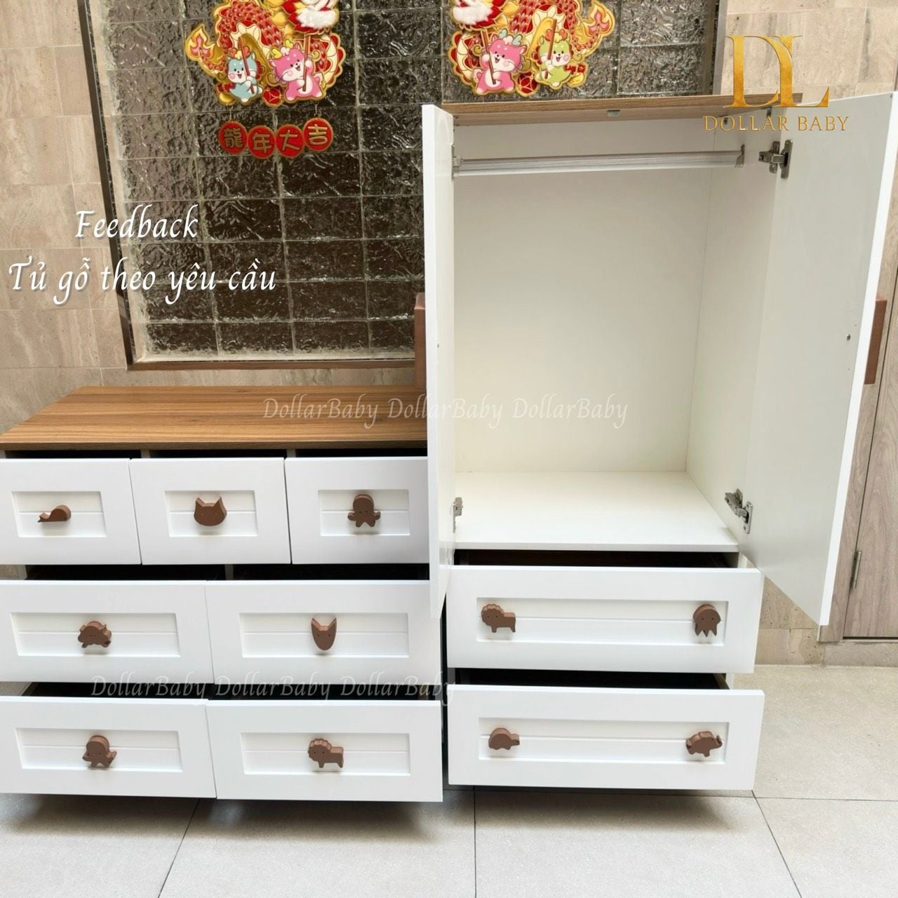  Bộ Tủ Gỗ Trắng Gấu Nâu / Vân  Gỗ  - Tay Cầm Hình Thú 