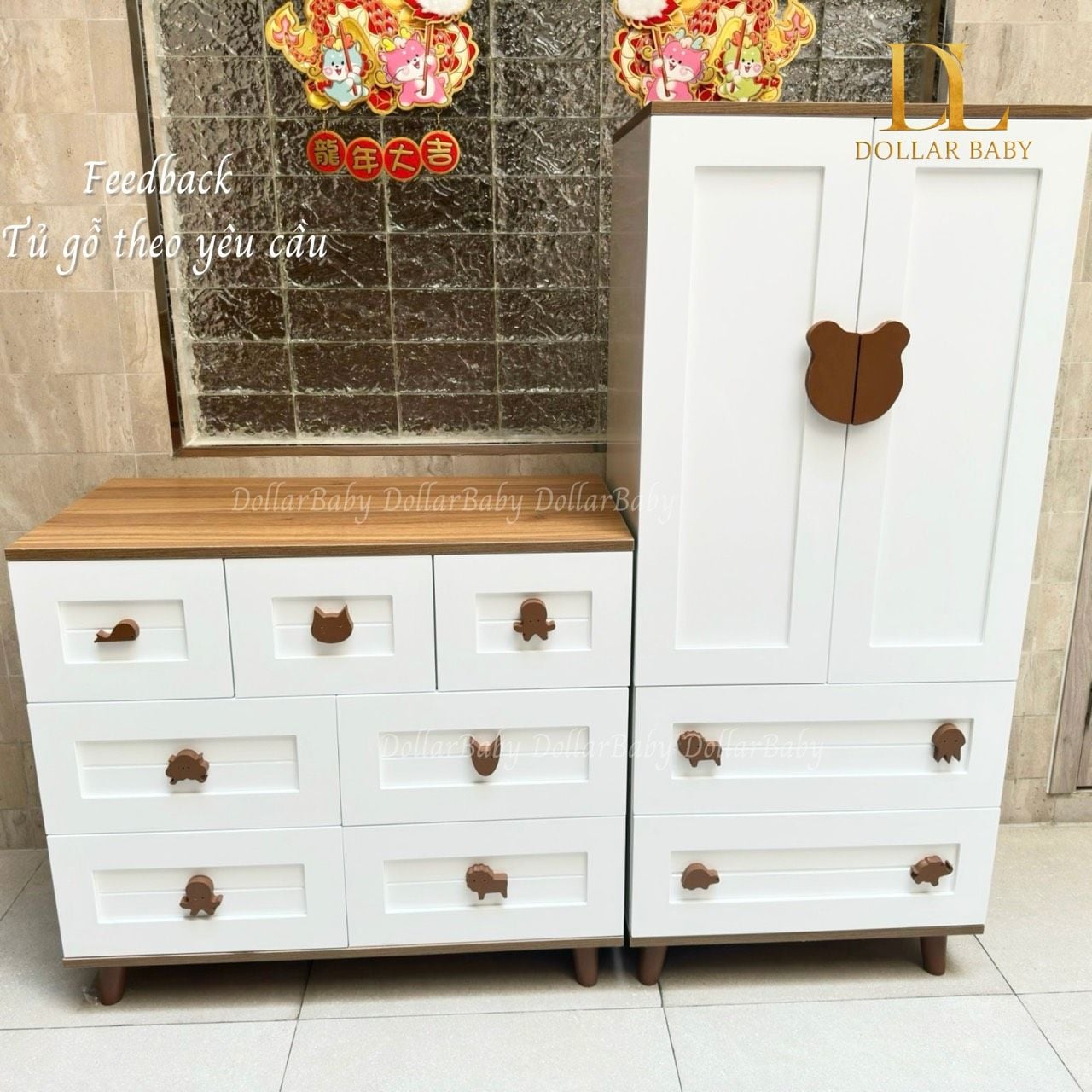  Bộ Tủ Gỗ Trắng Gấu Nâu / Vân  Gỗ  - Tay Cầm Hình Thú 