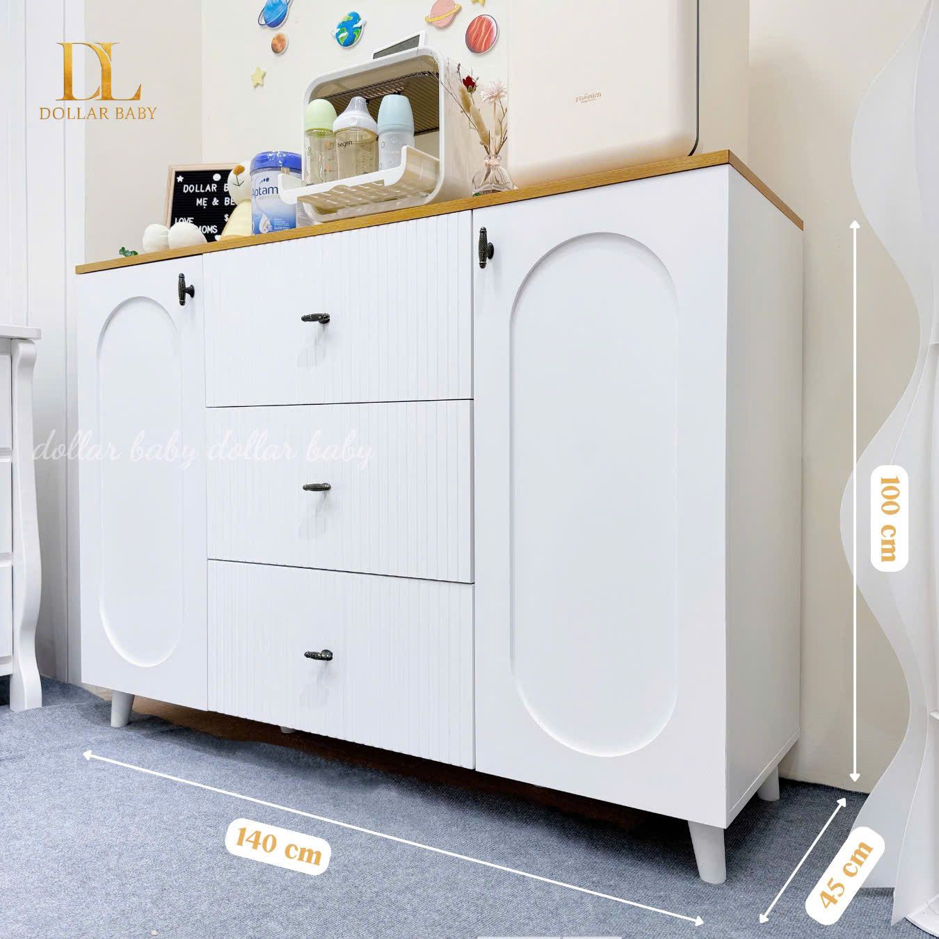  Tủ Gỗ Ngang Vân Gỗ Tay Núm Dẹp 3 Hộc 