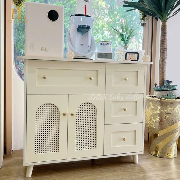  Tủ Gỗ Ngang Ngăn Kéo Cánh Mây Kết Hợp Treo Đồ - Tay Cầm Núm Đồng 