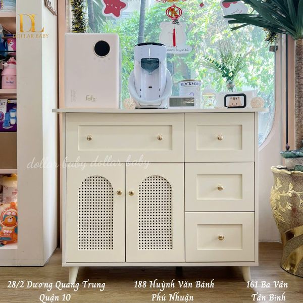  Tủ Gỗ Ngang Ngăn Kéo Cánh Mây Kết Hợp Treo Đồ - Tay Cầm Núm Đồng 