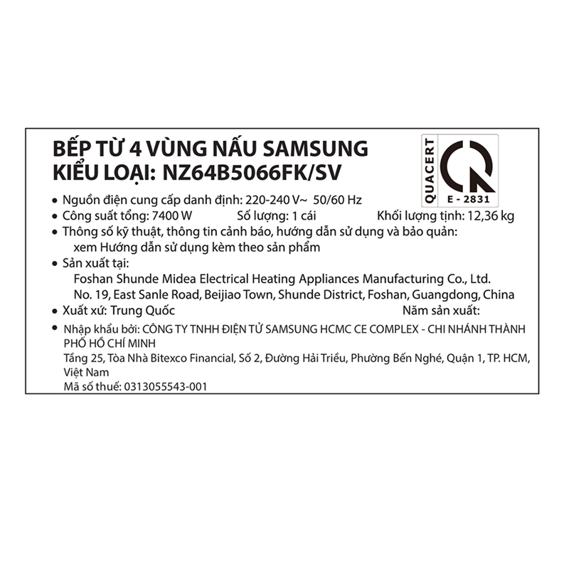 Bếp từ 4 vùng nấu Samsung NZ64B5066FK/SV