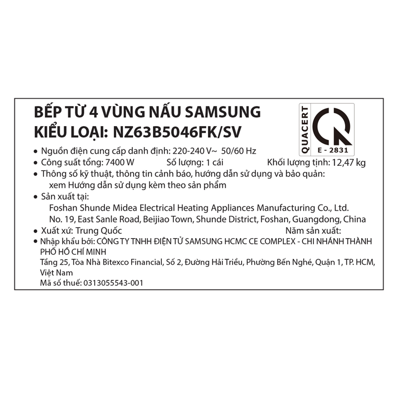 Bếp từ 3 vùng nấu Samsung NZ63B5046FK/SV