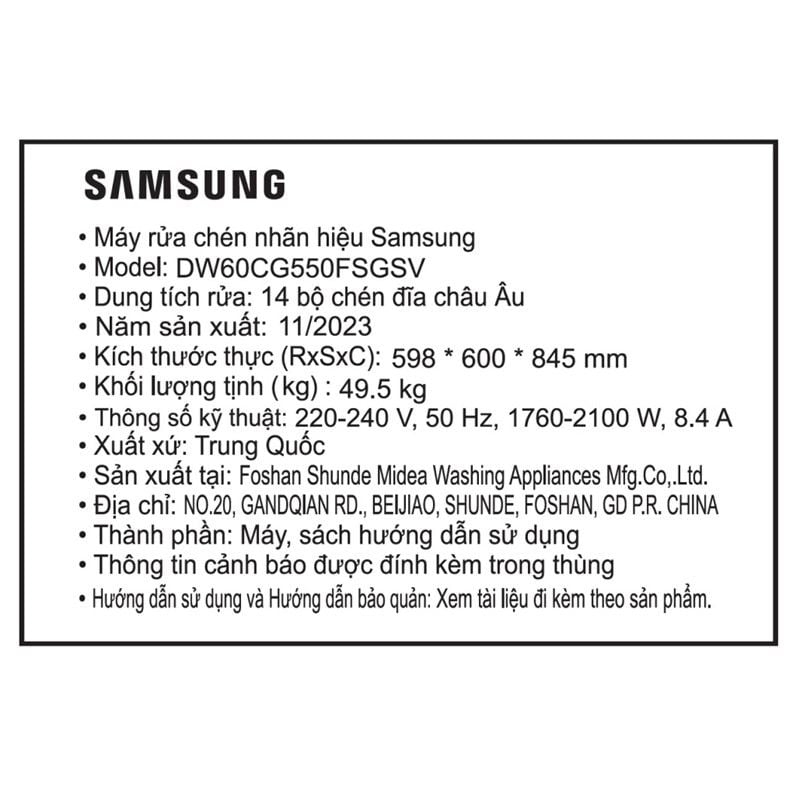 Máy rửa chén độc lập Samsung DW60CG550FSGSV