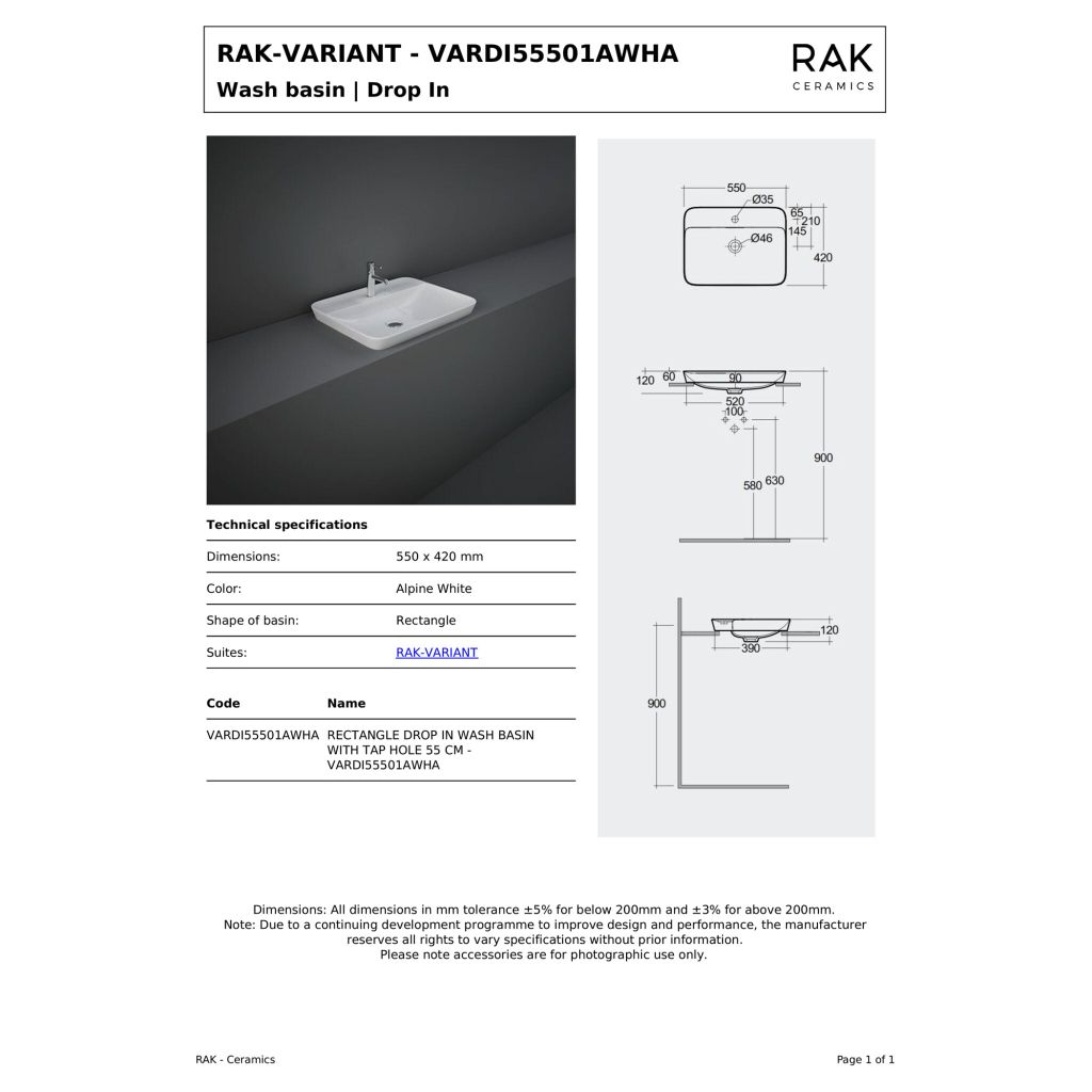 Chậu đặt bàn VARDI55501AWHA