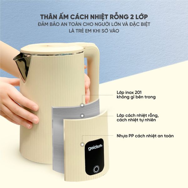 Ấm Siêu Tốc 2 Lớp Cách Nhiệt Goldsun Dung Tích 1.8L Đun Siêu Tốc Tự Ngắt Khi Sôi GKT2611