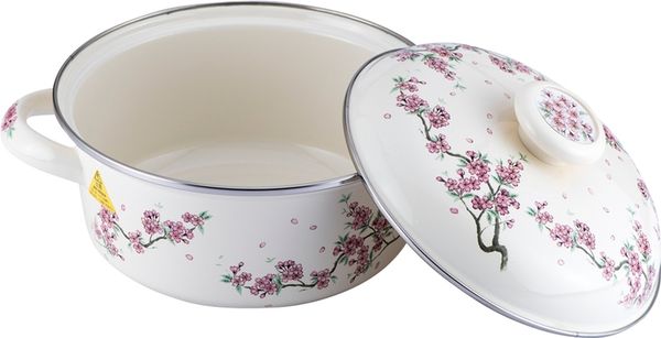 Nồi tráng men Fujihoro SKW-22G, hoa văn đào tím, nắp kính, 22cm/2.3L