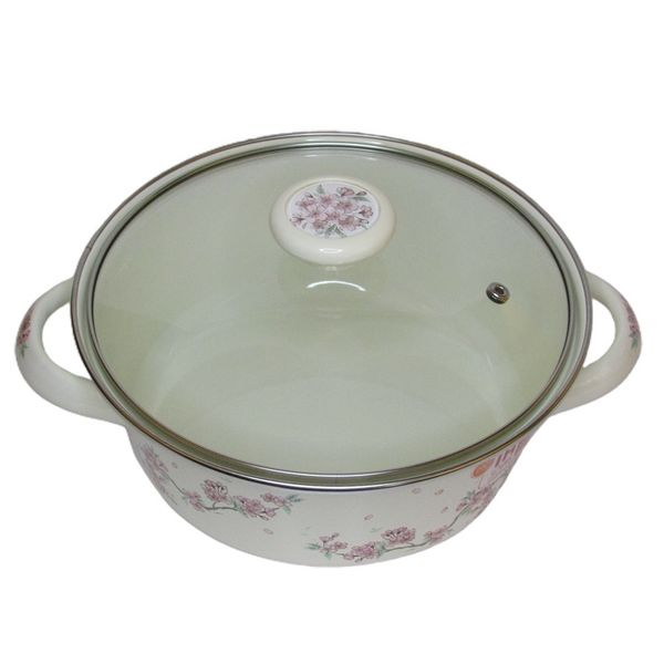 Nồi tráng men Fujihoro SYM-32G, hoa văn đào hồng, nắp kính, 26cm/4L