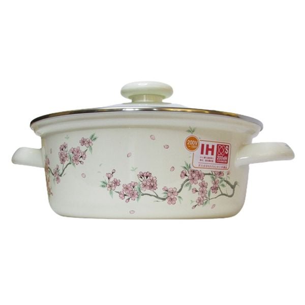 Nồi tráng men Fujihoro SYM-32G, hoa văn đào hồng, nắp kính, 26cm/4L