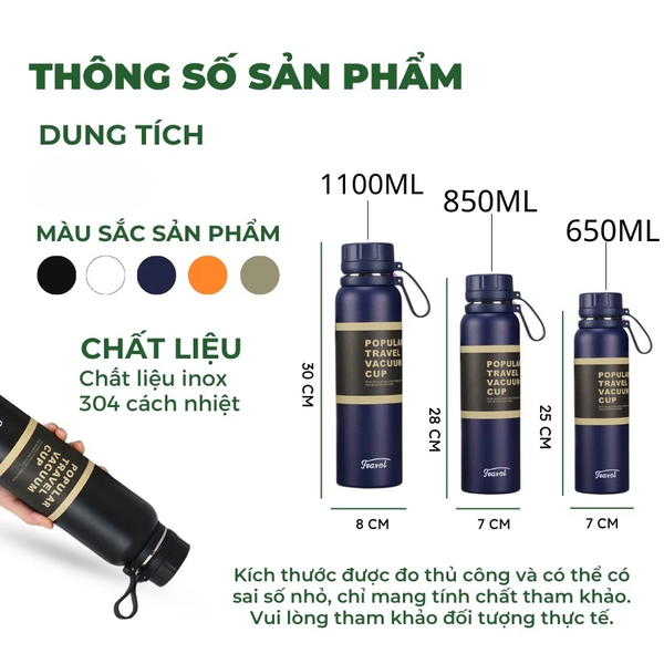 Bình giữ nhiệt 1000ml, vỏ inox, nắp nhựa PP