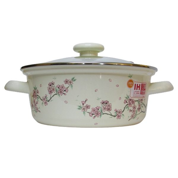 Nồi tráng men Fujihoro SKW-22G, hoa văn đào tím, nắp kính, 22cm/2.3L