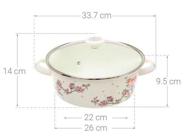 Nồi tráng men Fujihoro SYM-32G, hoa văn đào hồng, nắp kính, 26cm/4L