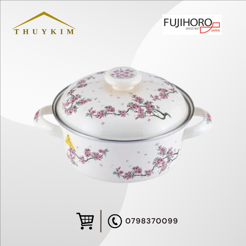 Nồi tráng men Fujihoro SKW-12, hoa văn đào tím, nắp men, 20cm/1.8L