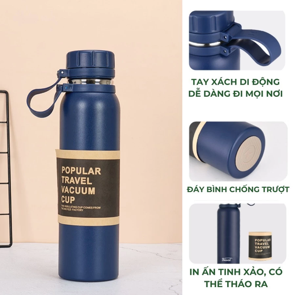 Bình giữ nhiệt 1000ml, vỏ inox, nắp nhựa PP