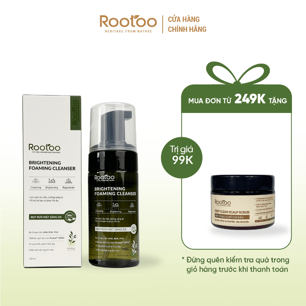 Bọt Rửa Mặt Sáng Da Brightening Foaming Cleanser Lành Tính Làm Sạch Nhẹ Nhàng, Phục Hồi Da Ngăn Ngừa Mụn ROOTOO Thuần Tự Nhiên 100ml