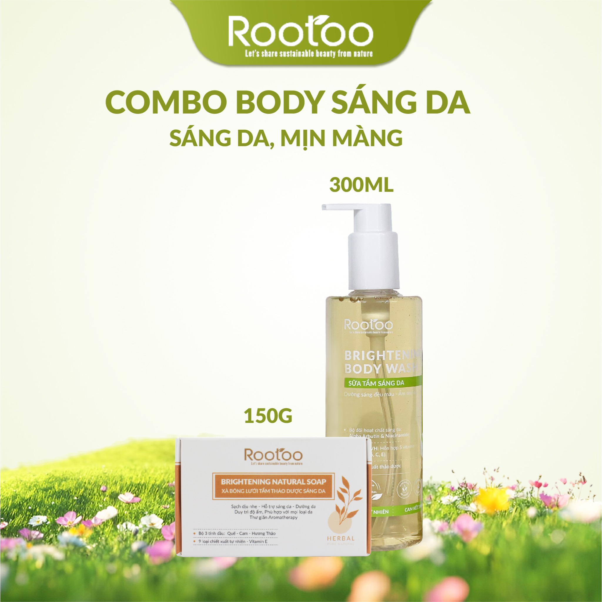 Combo 2 Bộ Đôi Làm Sạch & Dưỡng Sáng Da Gồm Sữa Tắm Sáng Da 300ml + Xà Bông Lưới Tắm Thảo Dược Sáng Da 150g