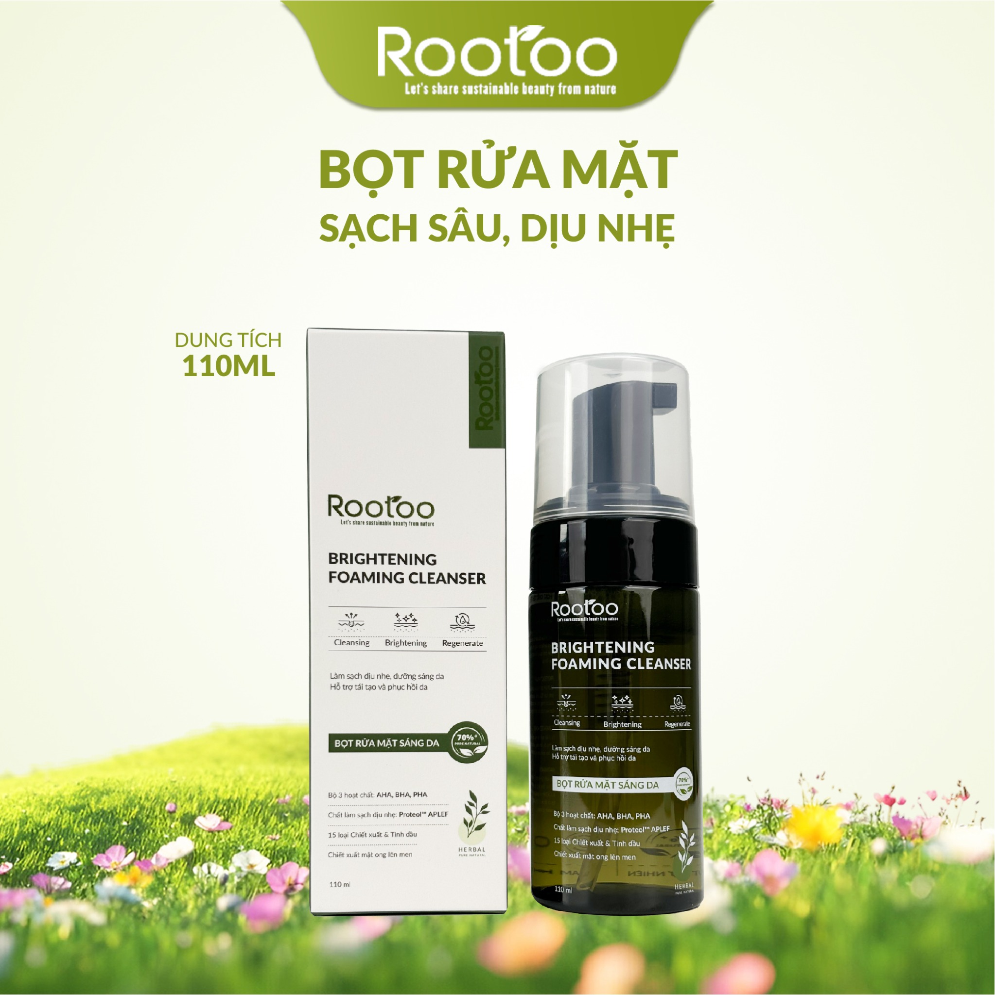 Bọt Rửa Mặt Sáng Da Brightening Foaming Cleanser Lành Tính Làm Sạch Nhẹ Nhàng, Phục Hồi Da Ngăn Ngừa Mụn ROOTOO Thuần Tự Nhiên 100ml