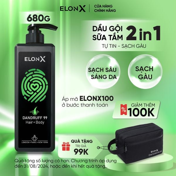  Dầu gội ELONX DANDRUFF 99 sạch gàu - 2 trong 1 cho nam - hương nước hoa - sữa tắm gội (680gr) 
