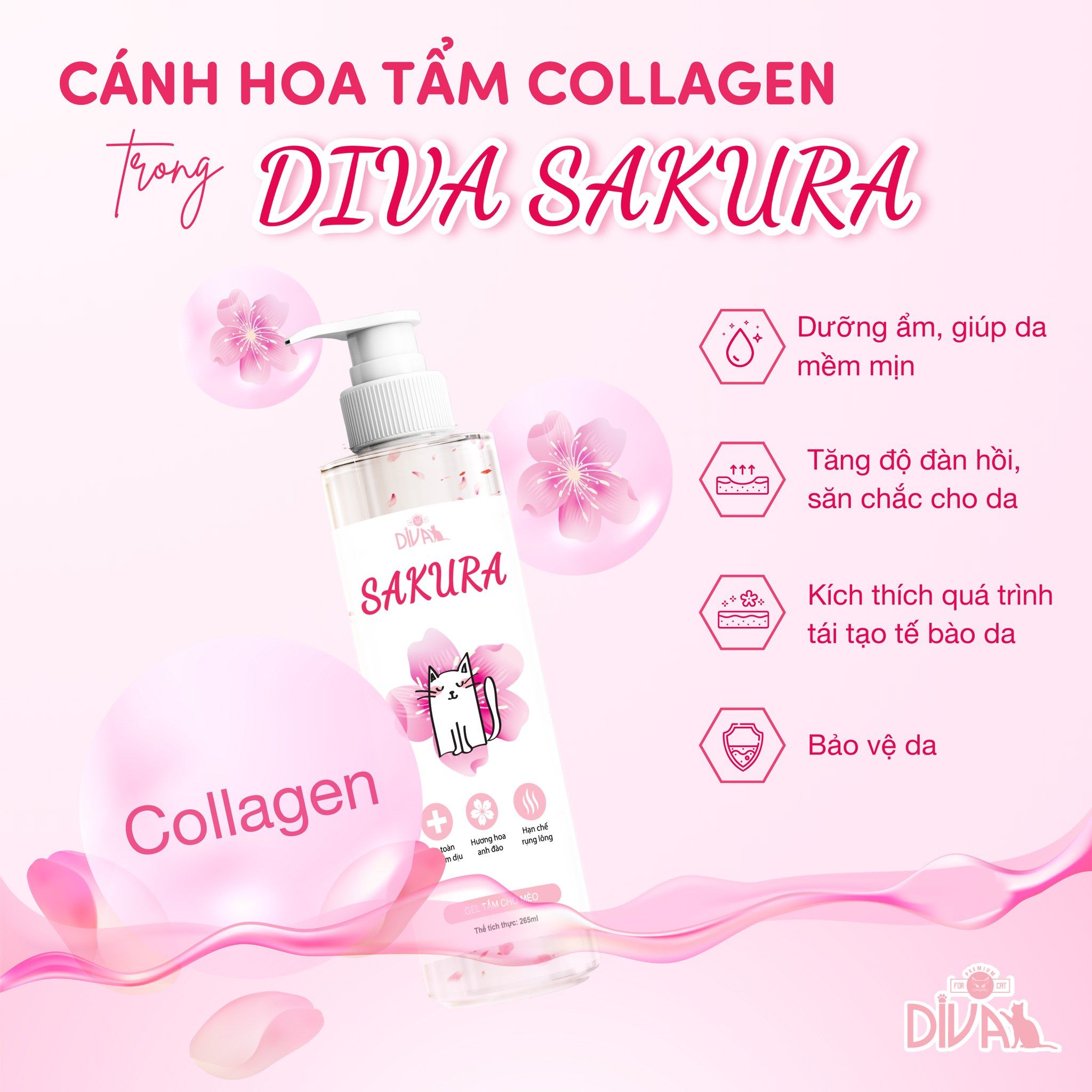  [MUA 1 TẶNG 2: 1 LÌ XÌ + 1 SẢN PHẨM DIVA] Sữa tắm mèo collagen anh đào DIVA Sakura 265ml 