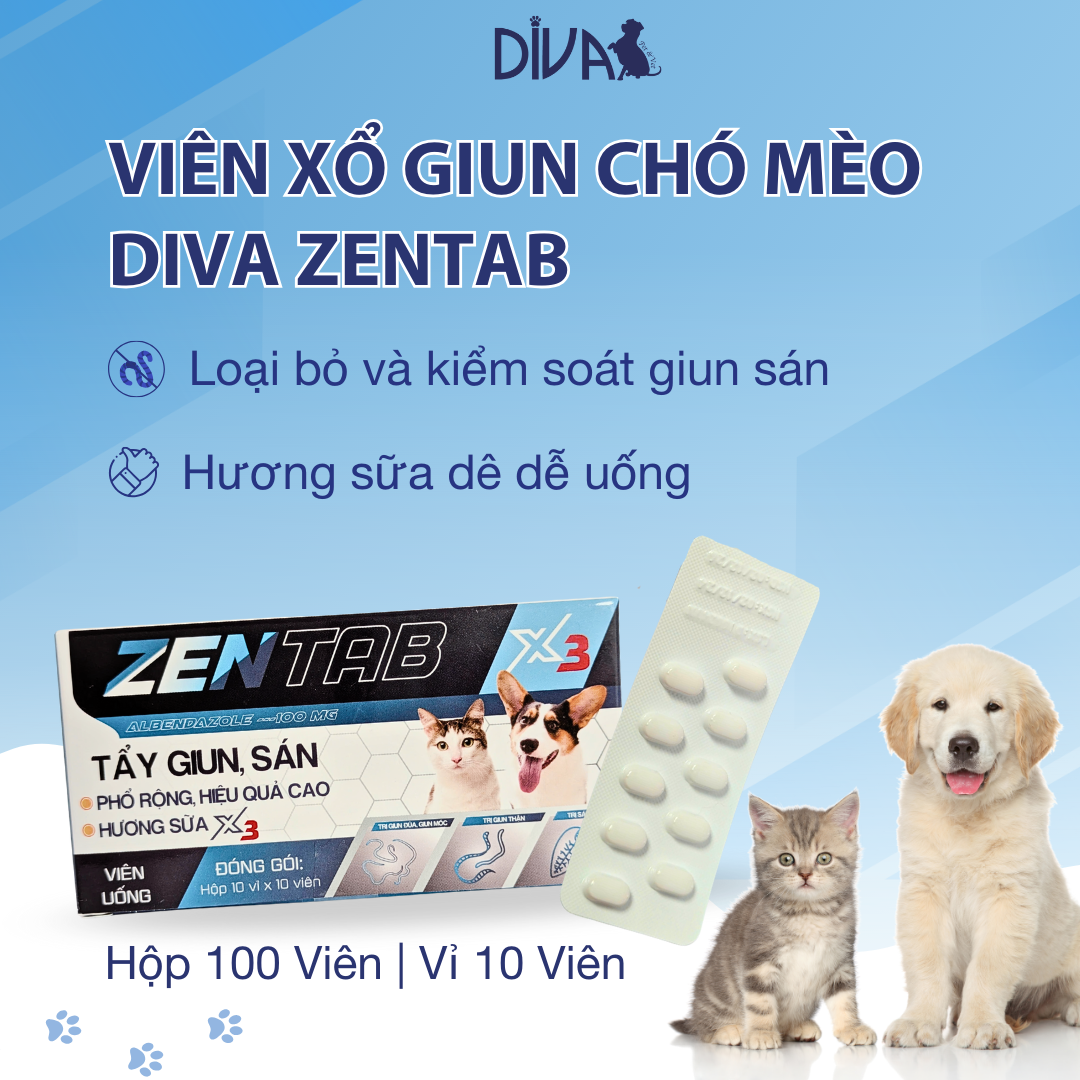  Hộp 100 Viên xổ giun cho chó mèo DIVA Zentab 