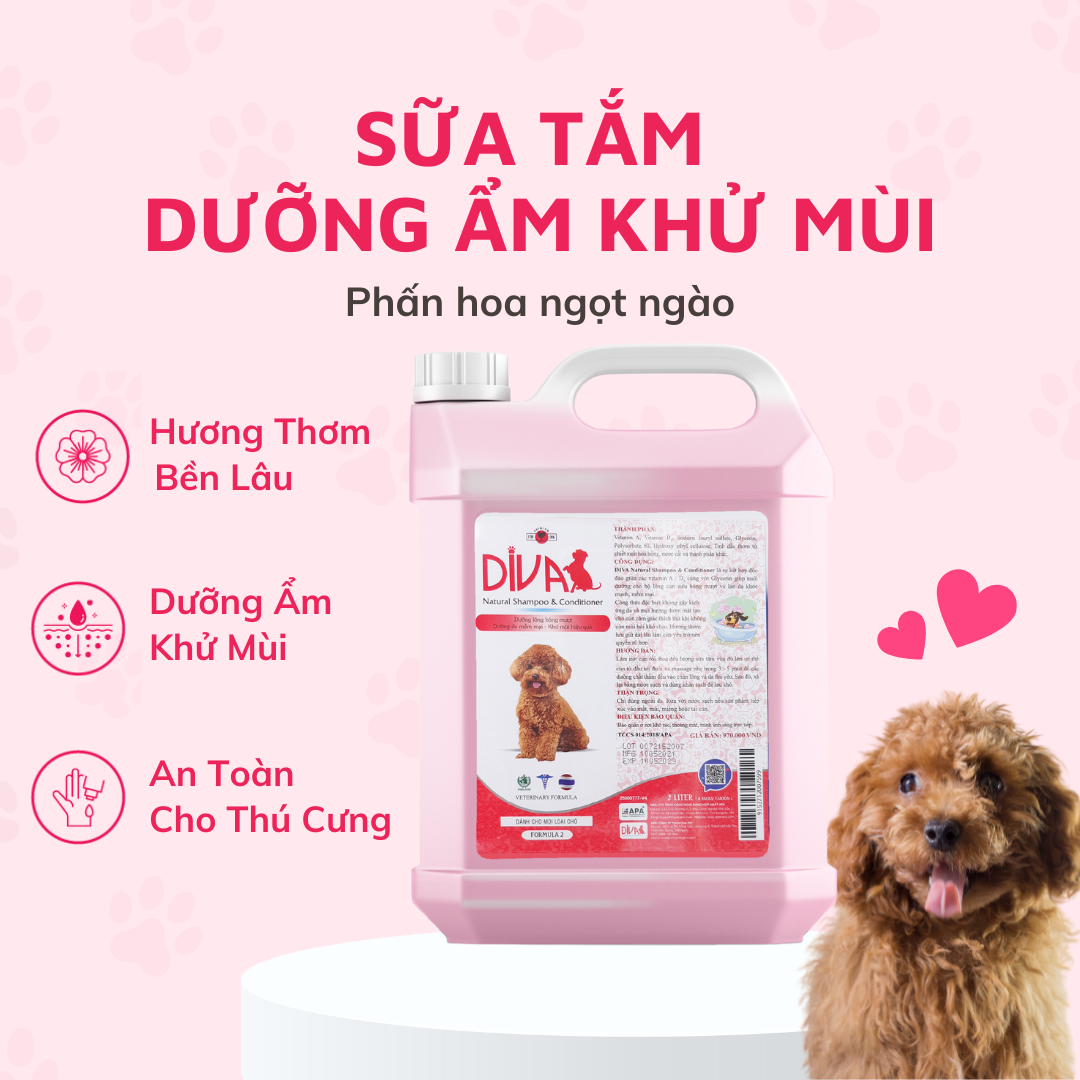  Sữa tắm chó dưỡng ẩm khử mùi DIVA Hồng 2L 