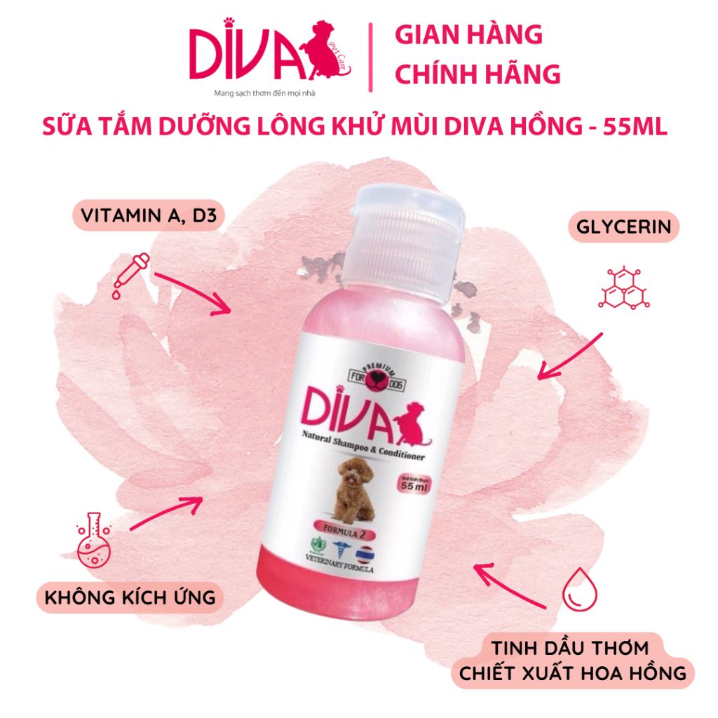  Sữa tắm chó dưỡng ẩm khử mùi DIVA Hồng 55ml 