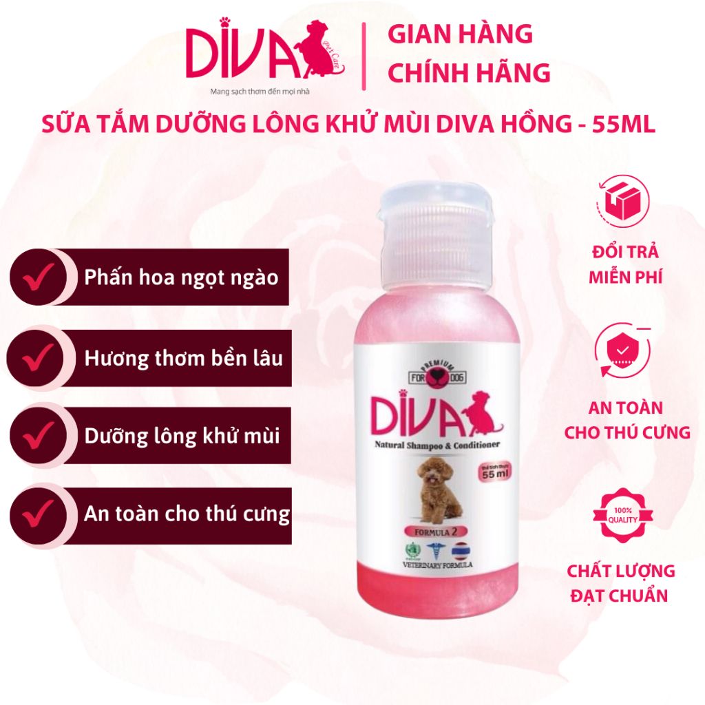  Sữa tắm chó dưỡng ẩm khử mùi DIVA Hồng 55ml 