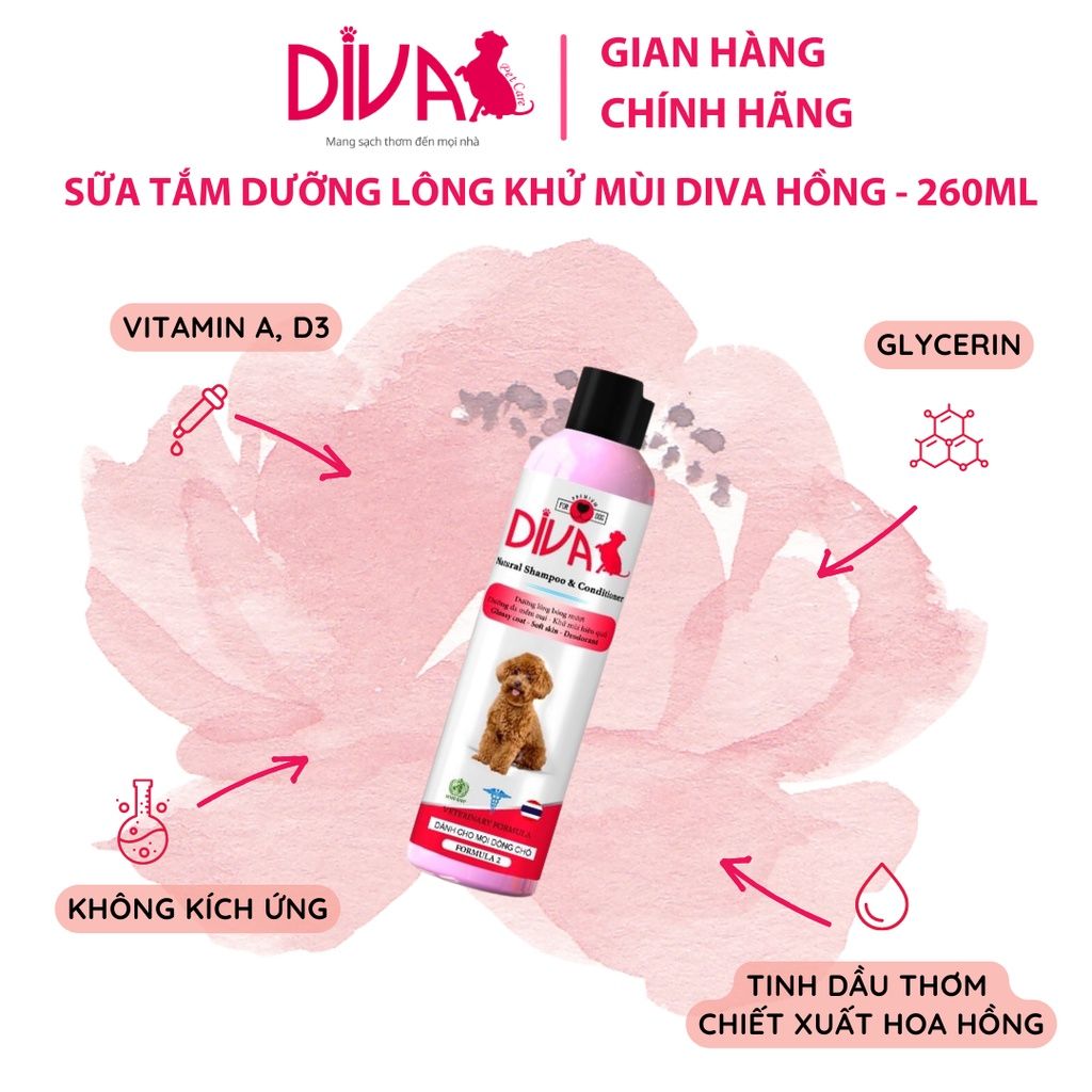  Sữa tắm chó dưỡng ẩm khử mùi DIVA Hồng 260ml 