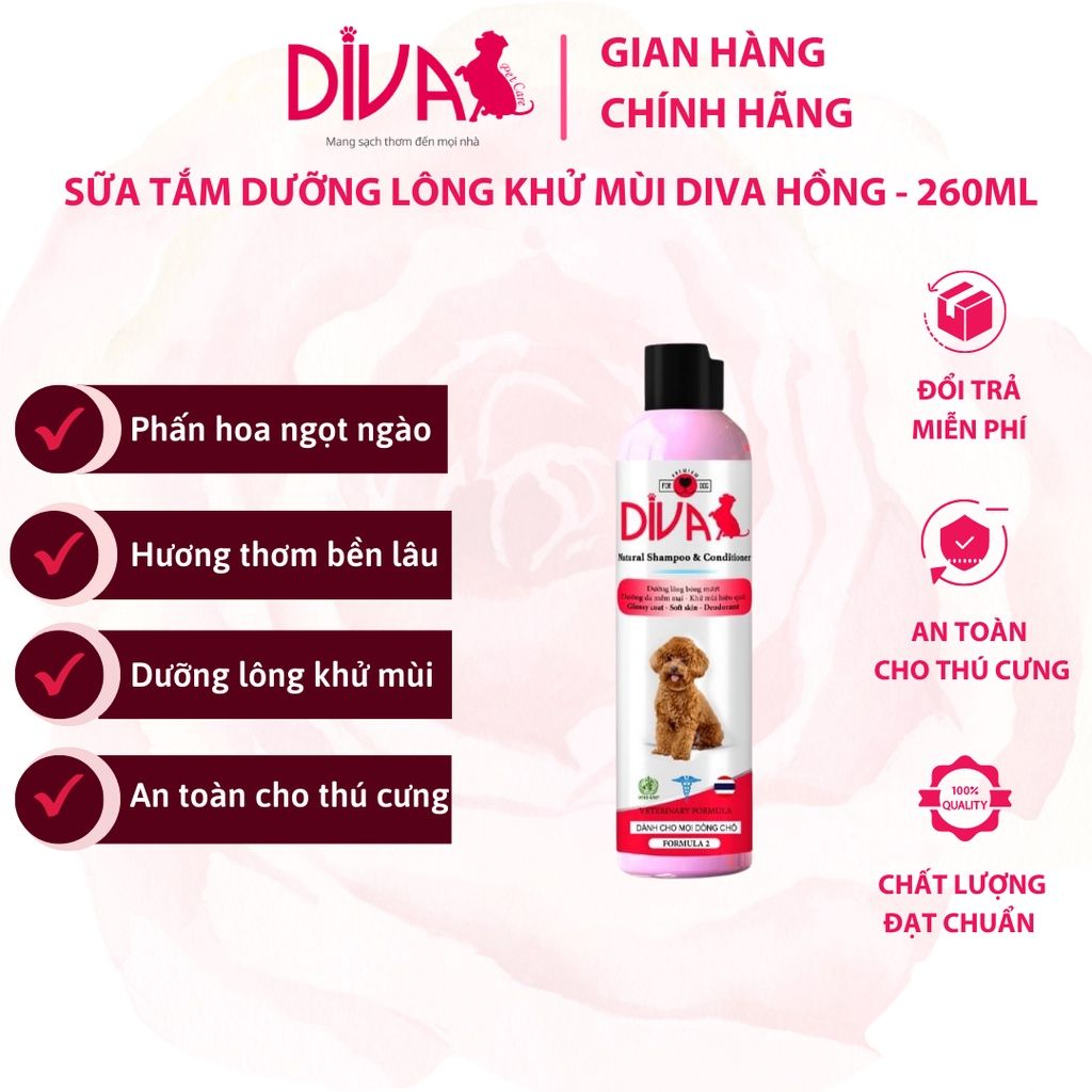  Sữa tắm chó dưỡng ẩm khử mùi DIVA Hồng 260ml 