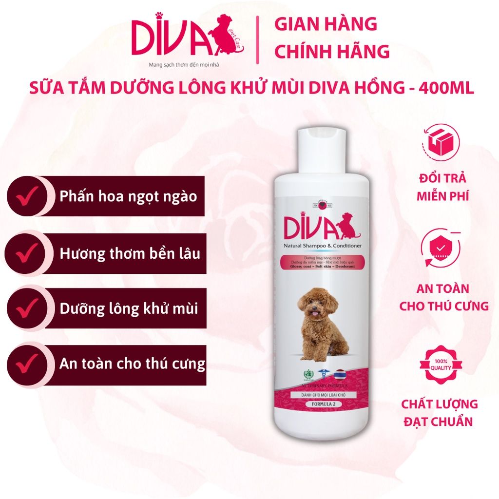  Sữa tắm chó dưỡng ẩm khử mùi DIVA Hồng 400ml 