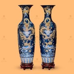 Lộc Bình Độc Long Kim Quy Men Xanh Coban Đắp Nổi Vẽ Vàng