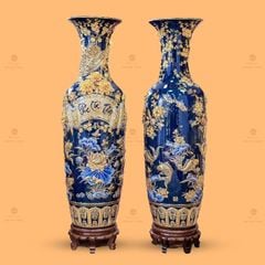 Lộc Bình Phúc Lộc Thọ Men Xanh Coban Đắp Nổi Vẽ Vàng
