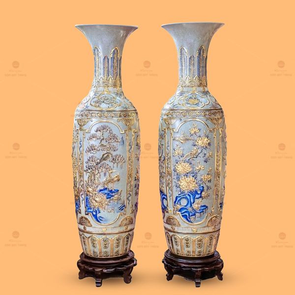 Lộc Bình Tứ Cảnh Men Rạn Đắp Nổi Vẽ Vàng