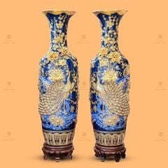 Lộc Bình Công Đào Men Xanh Coban Đắp Nổi Dát Vàng