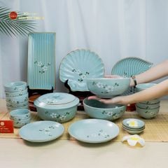 Bộ Bát Đĩa Bát Tràng Men Ngọc Hoa Đào Trắng