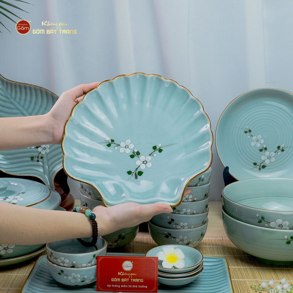 Bộ Bát Đĩa Bát Tràng Men Ngọc Hoa Đào Trắng
