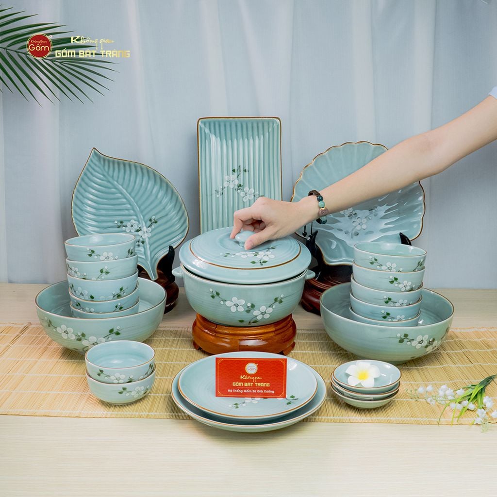 Bộ Bát Đĩa Bát Tràng Men Ngọc Hoa Đào Trắng