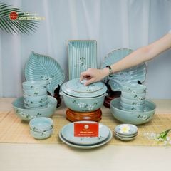 Bộ Bát Đĩa Bát Tràng Men Ngọc Hoa Đào Trắng